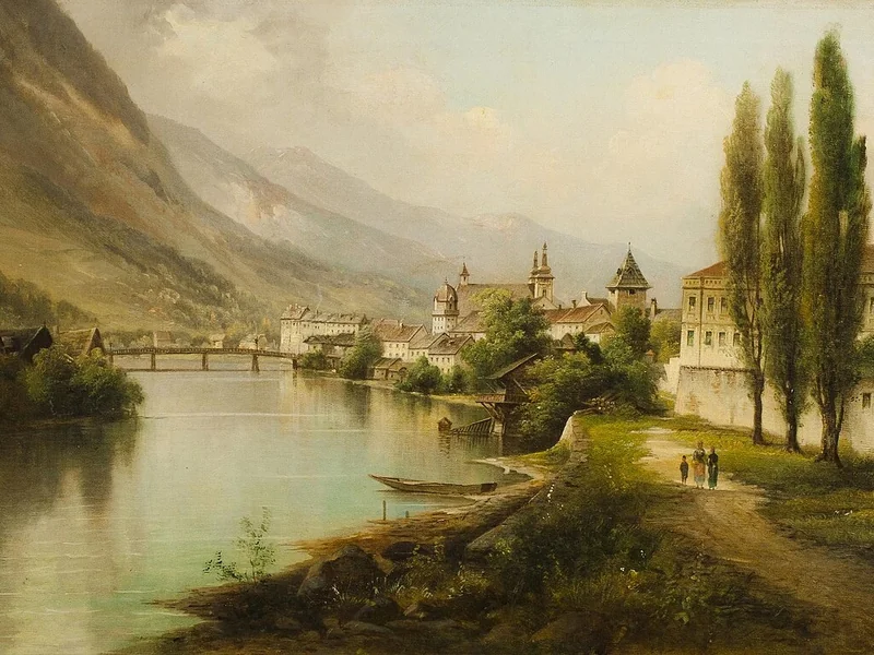 1857-Raimund Volanek - Veduta di Leoben sul fiume Mur